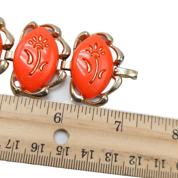 Orange Lucite Thermoset Flower Link Bangle Bracelet Gold Tone Vintage - Picture 7 of 8